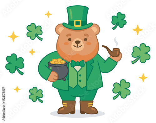 Cute cartoon bear dressed as a leprechaun, wearing a green top hat and suit, holding a pot of gold and a smoking pipe, surrounded by lucky clovers and sparkling stars