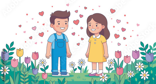 Happy cartoon boy and girl stand together in a vibrant flower garden, surrounded by floating pink hearts and colorful blossoms, depicting innocent love and friendship