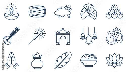 Collection of fifteen detailed Indian cultural and festive line art icons, featuring traditional symbols and objects in a clean, minimalist style