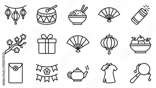 This collection of fifteen traditional Chinese celebration icons features various cultural symbols in a clean outline style, depicting festive elements with minimalist black line art