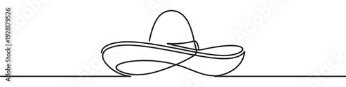 Stylish black line art sombrero hat is depicted in a continuous single stroke, creating a minimalist and elegant illustration with abstract lines