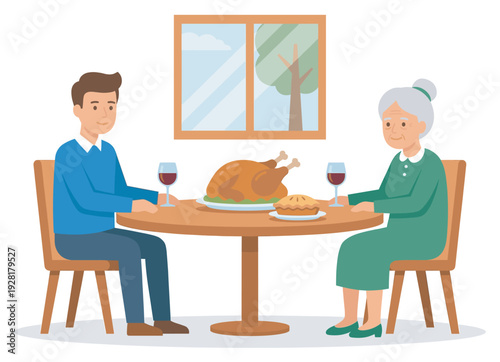 Young man and elderly woman enjoy a festive meal together at a wooden dining table, sharing roasted turkey, pie, and red wine, depicted in a cheerful flat illustration style