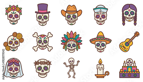 Vibrant collection of colorful decorative sugar skulls, festive hats, a skeleton, a guitar, a candle, and a celebratory cake, all rendered in a cheerful cartoon style