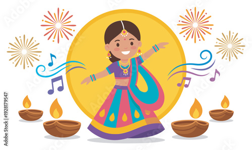 Cheerful cartoon Indian woman dances gracefully, wearing a vibrant traditional dress and jewelry, surrounded by festive fireworks, musical notes, and glowing oil lamps, conveying a joyful celebration