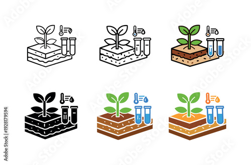 Environmental soil monitoring icon depicting soil layers, plants, test tubes, and measurement symbols representing soil quality
