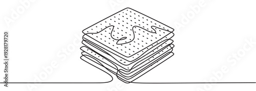 Minimalist continuous line art drawing of stacked crackers with small perforations and a wavy topping, rendered in a clean, graphic style
