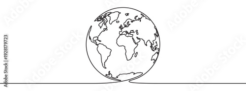 Single continuous line drawing of the Earth globe, featuring outlined continents and a minimalist design, symbolizing global connection and unity