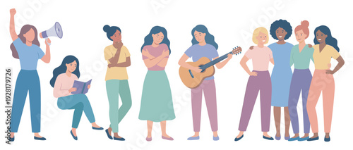 Diverse group of empowered women demonstrating strength, creativity, and community through various activities in a modern flat illustration style