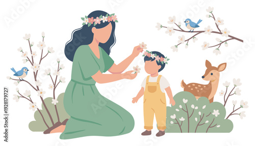 Loving mother gently places a delicate flower crown on her young child's head, surrounded by blooming spring branches, cheerful bluebirds, and a curious deer in a peaceful natural scene