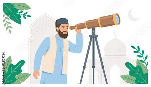 Bearded Muslim man wearing a kufi observes the sky through a large brown telescope, standing calmly beside mosque-like structures and green foliage under a crescent moon