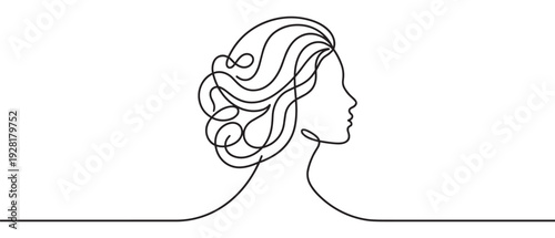 Elegant continuous line drawing of a woman's profile with flowing, styled hair, rendered in a minimalist and artistic illustration style