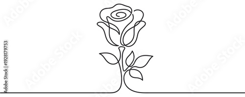 Single elegant black line art rose illustration with a delicate stem and leaves, drawn in a continuous, minimalist style, conveying simplicity and beauty