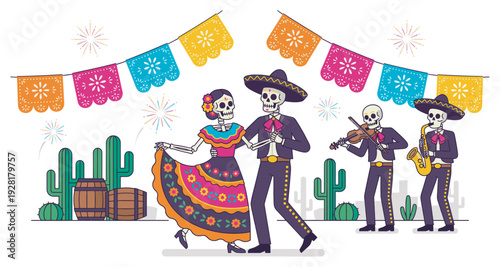 Four festive cartoon skeletons celebrate a vibrant Mexican fiesta with a dancing couple and mariachi musicians playing instruments under colorful papel picado banners and sparkling fireworks