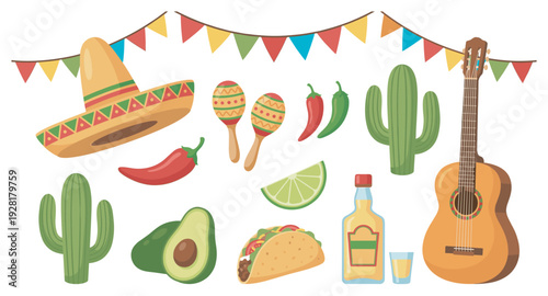 Vibrant collection of traditional Mexican cultural elements, including a sombrero, maracas, chili peppers, cacti, a guitar, and a taco, presented in a cheerful, flat illustration style