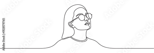 Minimalist continuous line drawing of a woman wearing round sunglasses, looking up with a thoughtful expression, rendered in a modern artistic style