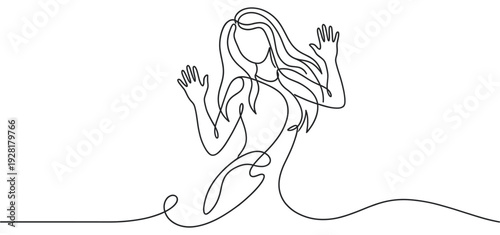 Minimalist continuous line drawing of a woman with long flowing hair and both hands raised, creating an elegant and artistic illustration