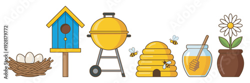 Various colorful outdoor and nature themed items are arranged in a cheerful flat vector illustration, featuring a bird's nest, birdhouse, grill, beehive, honey jar, and potted daisy