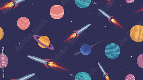 Seamless space pattern with rockets and planets cartoon style illustration for kids fabric and wallpaper cosmic adventure background