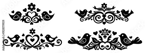 Fotografie Set of four symmetrical bird and floral vignettes for traditional Slavic folk de