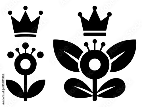 Minimalist folk flowers with crowns in traditional Slavic and Scandinavian silhouette style