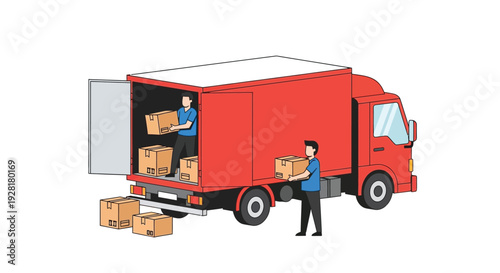 A red moving truck is shown with workers loading cardboard boxes presenting a clean illustrative silhouette high quality professional detailed modern