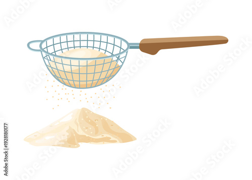 Flour sifter with falling powder and baking ingredient stock illustration.