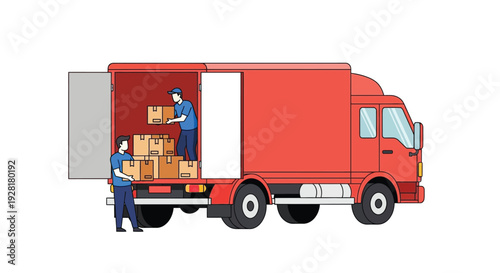 A red delivery truck is loaded with cardboard boxes by two workers showcasing a clean silhouette high quality professional detailed modern