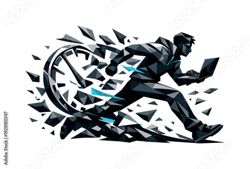 Low-poly vector illustration of a coder breaking through the deadline crunch, stride fully extended and posture locked forward