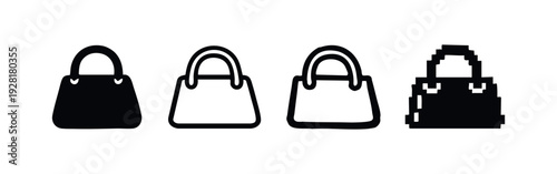 Handbag icon collection, fashion accessory symbols in solid, outline, hand-drawn, and pixel art styles.
