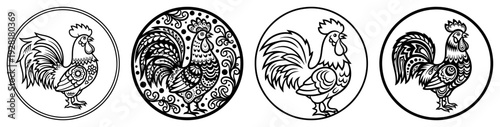 Four decorative rooster emblems in circular frames for logos