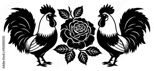 Symmetrical Slavic folk art roosters with central decorative rose blossom
