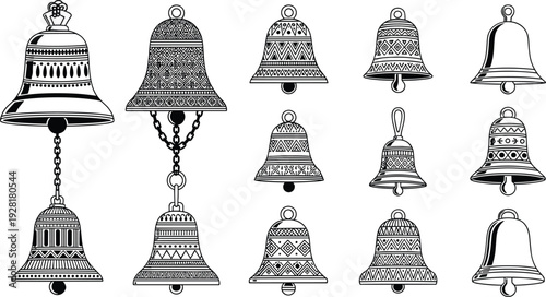 Decorative vintage bells collection vector illustration ornate hand drawn jingle church Christmas bell set black and white
