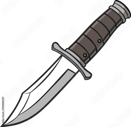 Combat knife vector with curved blade, brown handle, guard, and metallic pommel in detailed survival design
