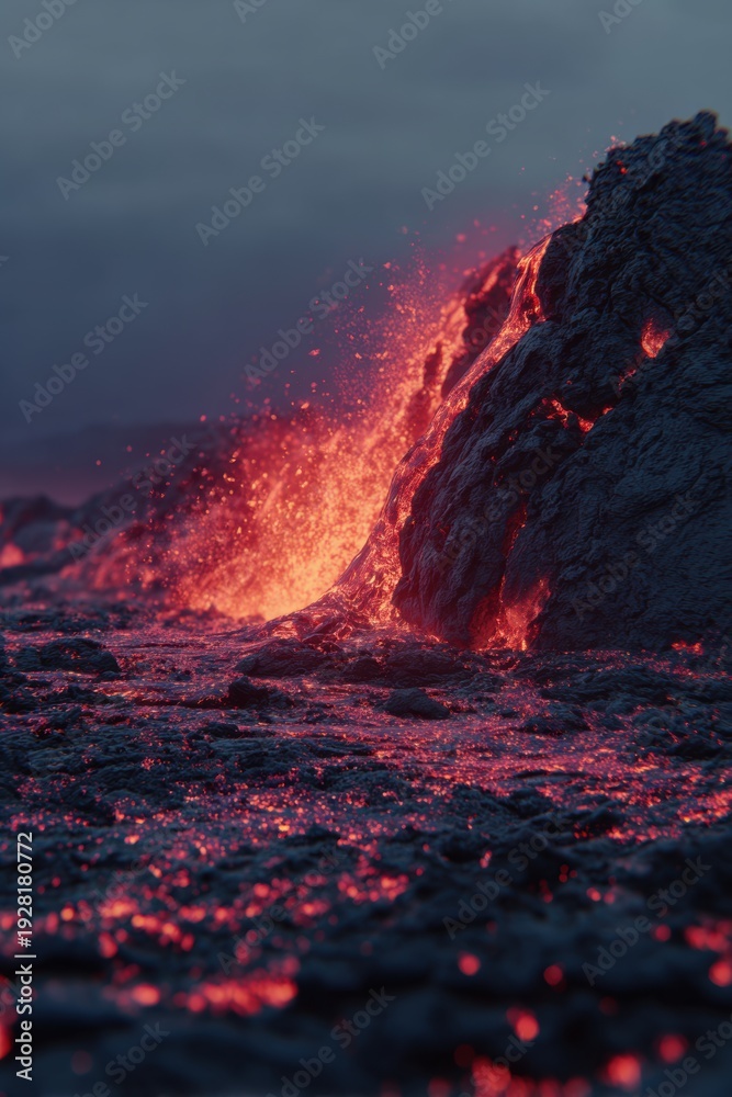 Fototapeta premium A dramatic scene of molten lava flowing into the ocean at night, illuminated by a vivid red hue. The lava is cascading down a rocky outcrop.