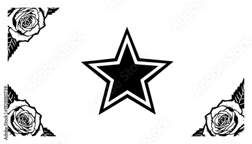 Minimalist star symbol design surrounded by elegant rose flower corner ornaments in a rectangular layout