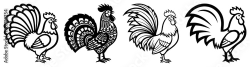 Collection of four different rooster bird illustrations in folk art and farm animal style
