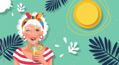 Glamorous Senior Woman Drinking Tropical Cocktail Summer Beach Vacation Vector Illustration