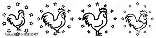 Traditional folk art roosters surrounded by stars in a repeating horizontal Slavic pattern