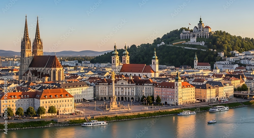 Obraz premium Cityscape with river, historic buildings, and a hilltop sanctuary at sunset.