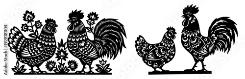 Decorative folk art composition featuring roosters hens and flowers in Slavic style