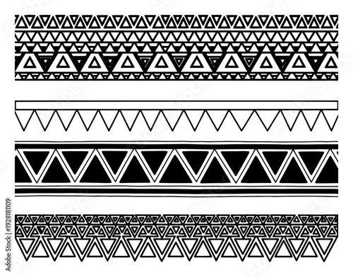 Collection of horizontal geometric borders with triangle patterns in tribal ethnic style