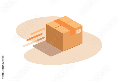 Fast home delivery concept with simple parcel and motion lines arranged neatly seen from top-down view, positioned in the left