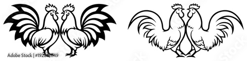 Symmetrical rooster silhouettes in a clean folk art style for traditional designs