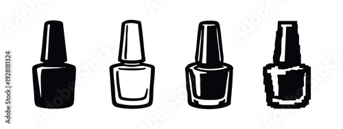 Nail polish bottle icon set: solid, line art, hand-drawn, and pixelated variations for beauty and cosmetic branding
