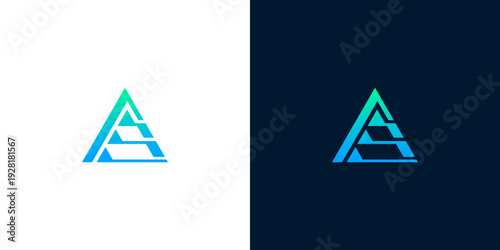 Dynamic gradient pyramid or letter A concept logo representing progress and stability, presented on both light and dark backgrounds for versatile branding applications