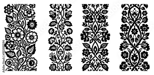 Four vertical floral border designs with intricate Slavic embroidery patterns