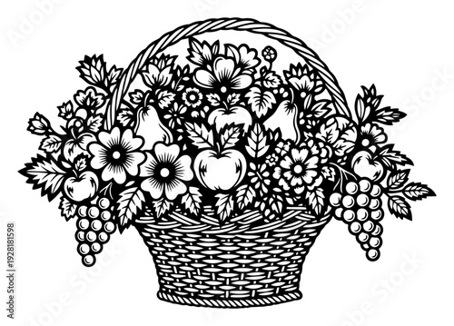 Detailed folk art illustration of a basket filled with flowers and summer fruits