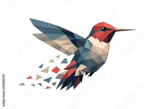 Low-poly vector illustration of a hummingbird maintaining a calm sustained hover, controlled angular posture with wings
