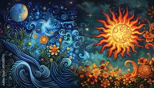 Captivating Equinox Symphony Highly Detailed Whimsical Art Celebrating Day and Night, Sun and Moon Balance