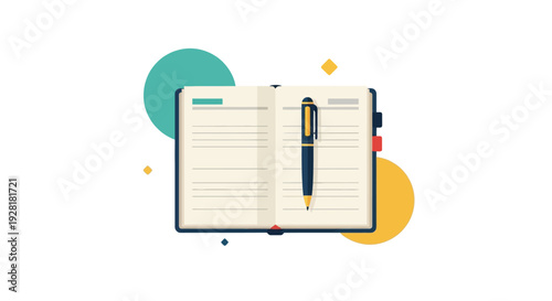 Vector illustration of an open notebook and pen, ideal for concepts of planning, learning, education, writing, or creative idea generation and organization